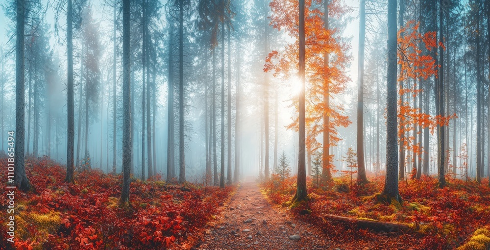 Poster It's a magical autumn scene in a dreamy forest, with rays of sunlight illuminating the mist and illuminating the color of the trees.