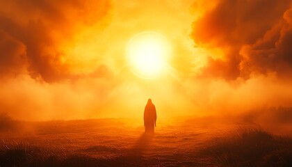 A lone figure silhouetted against a bright sun, standing in faith and determination, with the sun s rays casting a divine glow on the scene