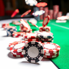 Casino poker chips falling green table on white background