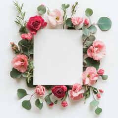Floral arrangement with empty square space for text surrounded by vibrant blooms