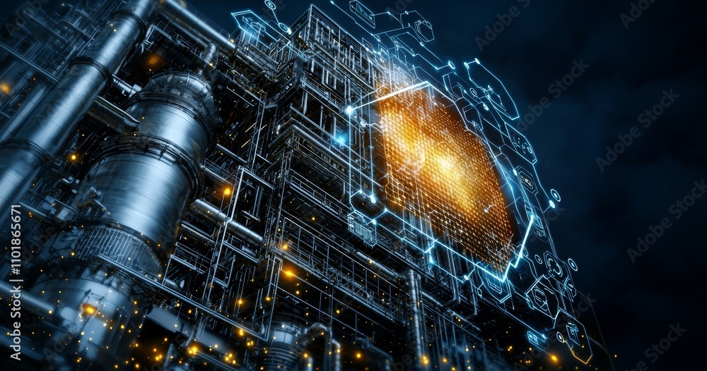 Poster The smart factory concept of Industry 4.0 for the fourth industrial revolution is represented by an icon graphic showing an automation system that employs robots and automated machinery, all