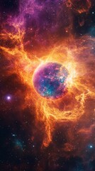 Obraz premium Cosmic Fire: A Planet in a Fiery Nebula