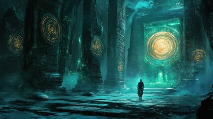 A lone traveler approaches a glowing portal