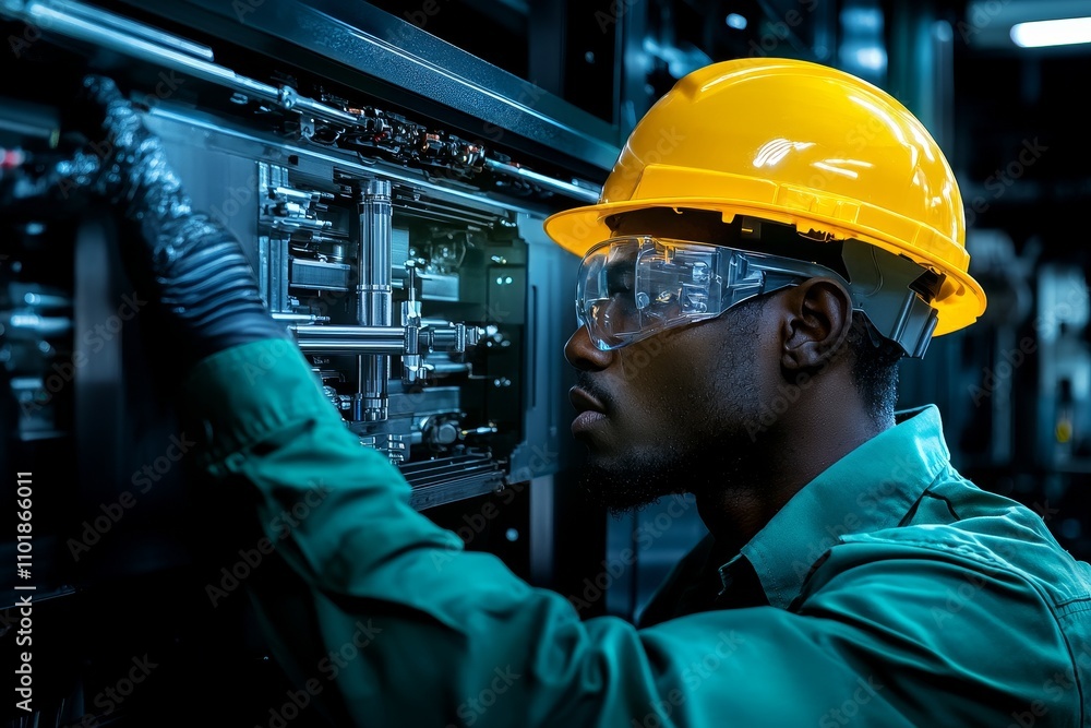 Poster industrial engineers with hard hats are employed in a heavy industry manufacturing facility. a worke