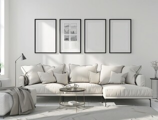 Modern living room interior with white sectional sofa. coffee table. rug. and five empty picture frames on a white wall