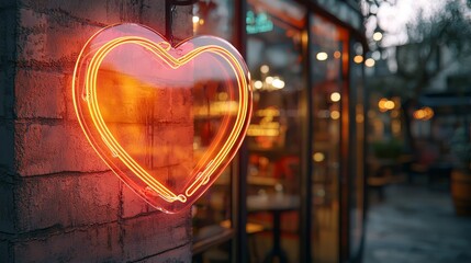 A glowing neon heart sign illuminated against a brick wall, creating a warm atmosphere outside a cafe during twilight.