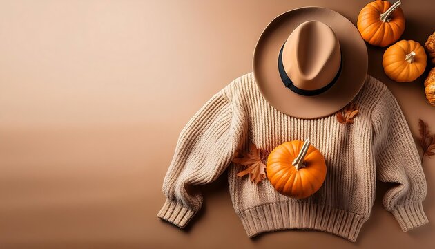  A warm beige sweater matched with a stylish hat and small pumpkins embodies the cozy sp_1(715)