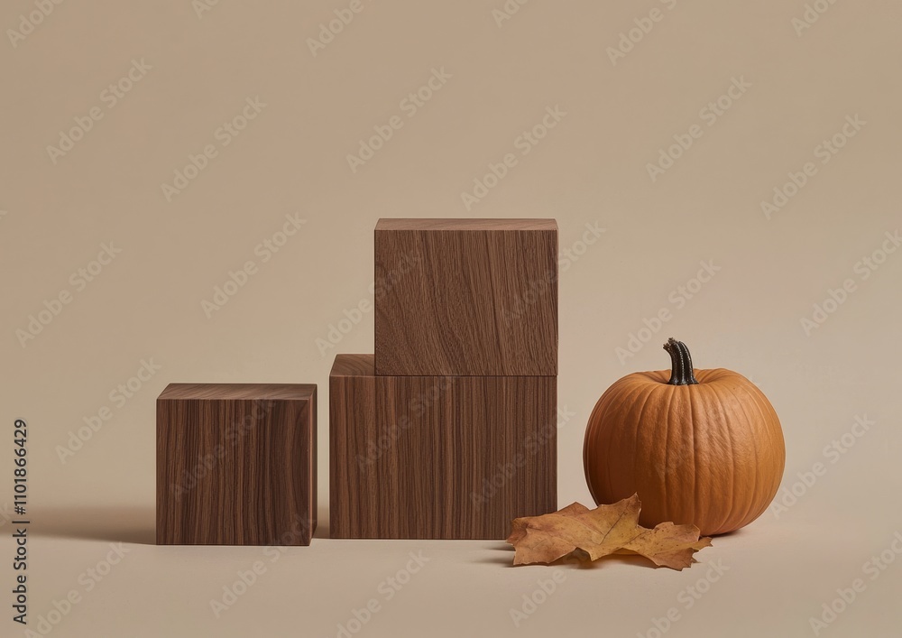 Poster An abstract studio 3D rendering of a Halloween podium display on beige, wood and pumpkin. Cosmetic and beauty products are displayed on a brown pedestal with shadows.