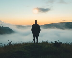 A man s silhouette standing in the middle of a foggy landscape, conveying faith and resilience, with the fog creating an ethereal and reflective atmosphere