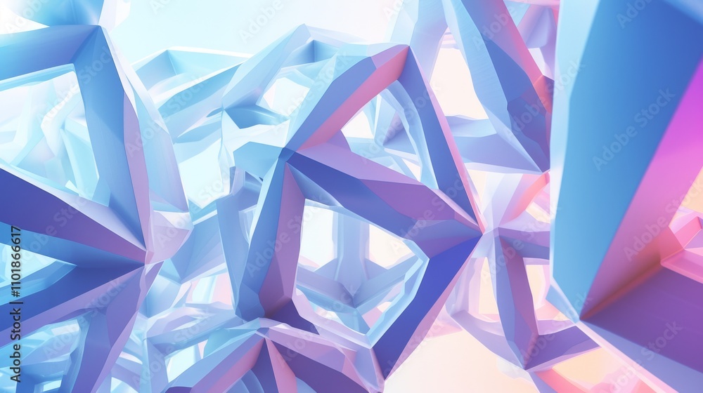 Poster intricate geometric structures in pastel shades of blue and pink. these angular forms interlock and 