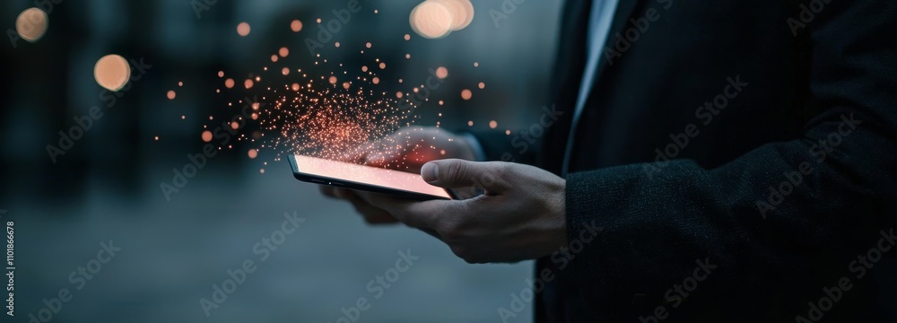 Aufkleber technology for digital marketing data analysis, businessman is using his mobile phone computer to ma