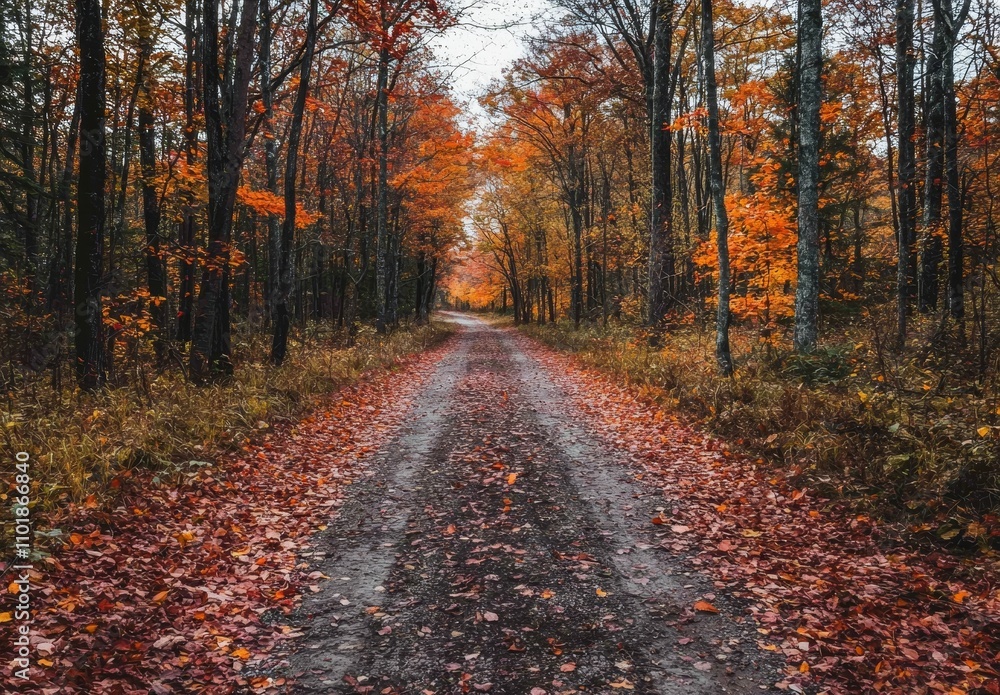 Poster Forest in the autumn in fog. Red foggy forest with a trail. Beautiful autumn forest with red and orange leaves. Mystical woods in October. The outdoors. Nature.