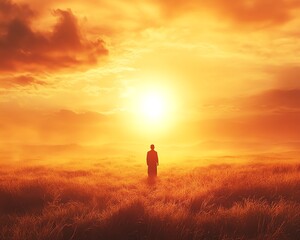 A man standing in the middle of a field, eyes on the sun, representing hope and spiritual reflection, with golden sunlight shining over the landscape