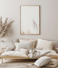 Two minimalist framed posters with a beige background featuring a single white feather on the right side and a blank canvas on the left side. set against a white sofa with beige pillows
