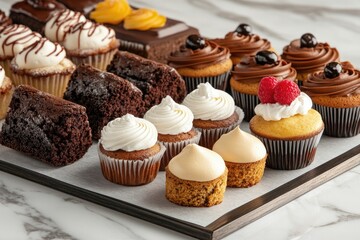 Assorted Delicious Cupcakes And Brownies Arranged On A Tray