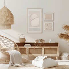 A cozy living room with a wicker chair. a side table with books and a vase. a large picture frame. and a wicker pendant lamp The room is painted in a light pink color