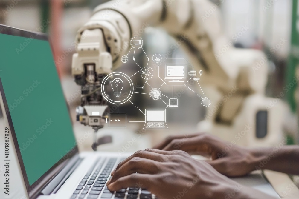 Aufkleber concept of a smart industry with a laptop user