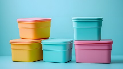 Storage boxes in pastel colors stacked artistically, featuring pink, orange, yellow and turquoise containers against light blue background, highlighting clean modern design and matte finish.