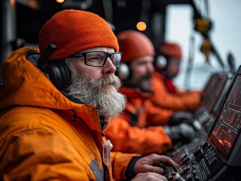 Weathered and experienced offshore workers huddled around a control station