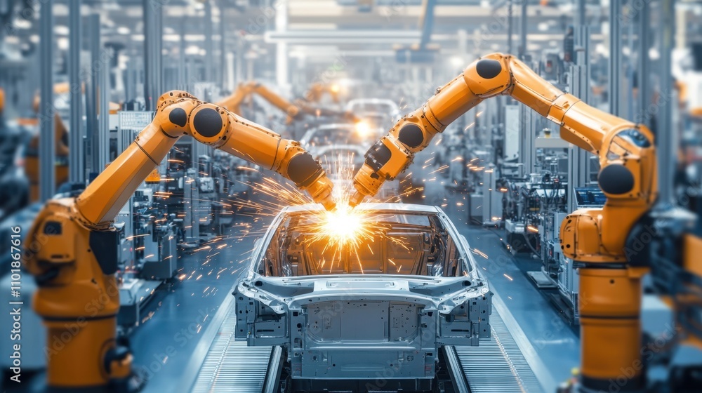 Poster dynamic sparks illuminate automated robotic arms welding car frames, showcasing seamless technology 