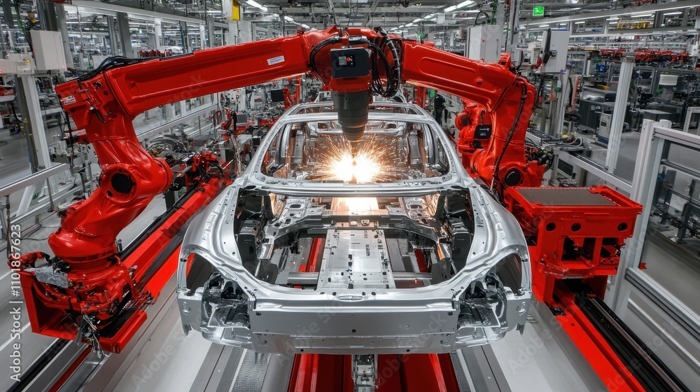 Aufkleber dynamic sparks illuminate automated robotic arms welding car frames, showcasing seamless technology 