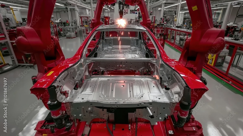 Poster dynamic sparks illuminate automated robotic arms welding car frames, showcasing seamless technology 