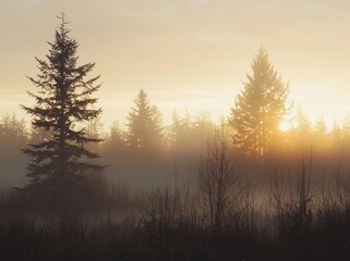 Obraz premium The Upper Palatine Forest at sunrise is dotted with bare autumn trees