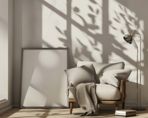 A cozy living room with a wooden armchair. a throw blanket. and a framed artwork Natural light illuminates the space through a window