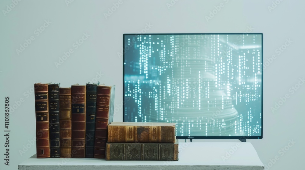 Aufkleber a collection of vintage books placed in front of a modern digital display showing code. the contrast