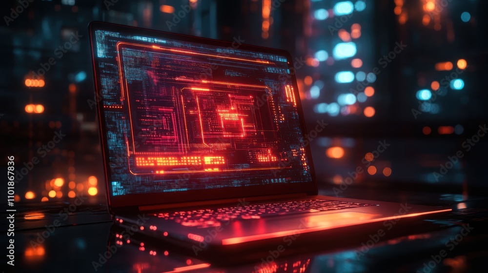 Poster a futuristic laptop with a glowing screen displaying a complex network of digital information.