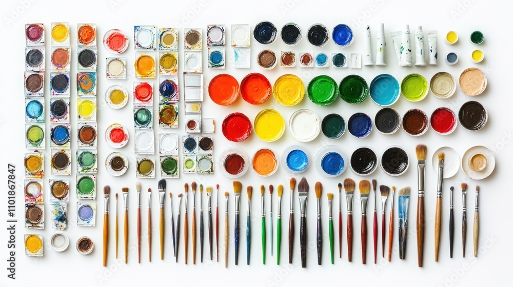 Poster a colorful array of paints, brushes, and tools for artistic creation.