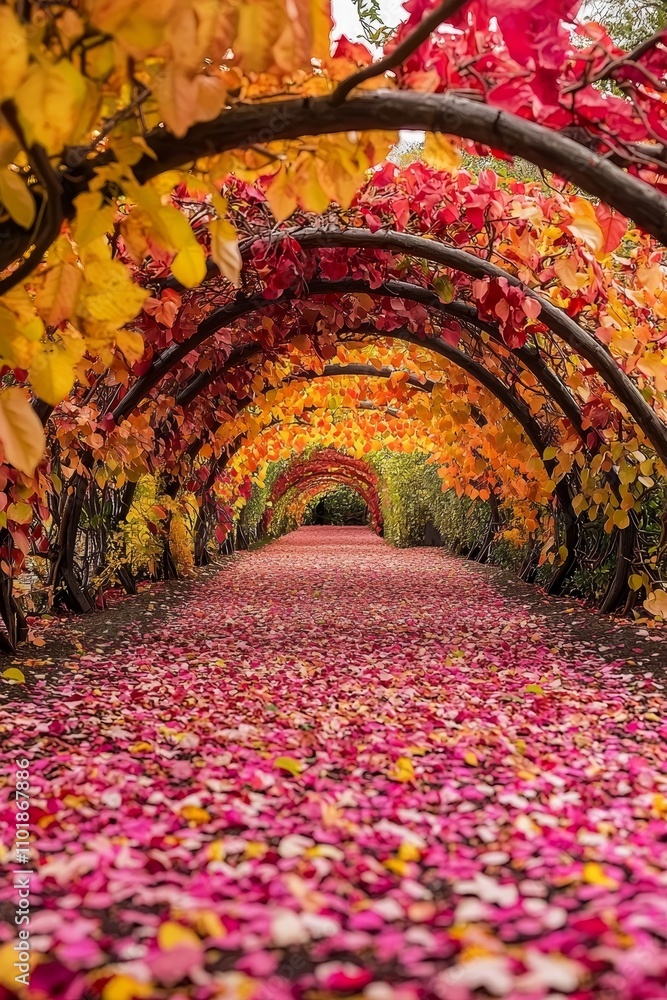 Poster an autumnal landscape with colorful trees on both sides of a path.