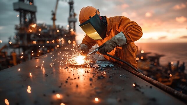Offshore welding technician expertly repairing a damaged section of an offshore platform s steel structure rugged worker in protective gear wielding blowtorch sparks and molten metal