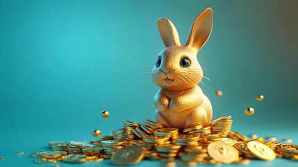 A golden bunny figurine atop shimmering coins, ideal for Easter or celebration-themed designs, bringing a joyful and playful atmosphere.
