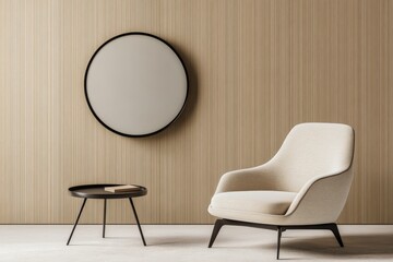 Fototapeta premium Minimalist living room with a round mirror and modern chair in soft color tones