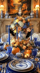 Fototapeta premium festive table setting for halloween, autumn decor, pumpkins and flowers, ceramics and gzhel painting