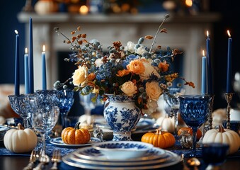 festive table setting for halloween, autumn decor, pumpkins and flowers, ceramics and gzhel painting