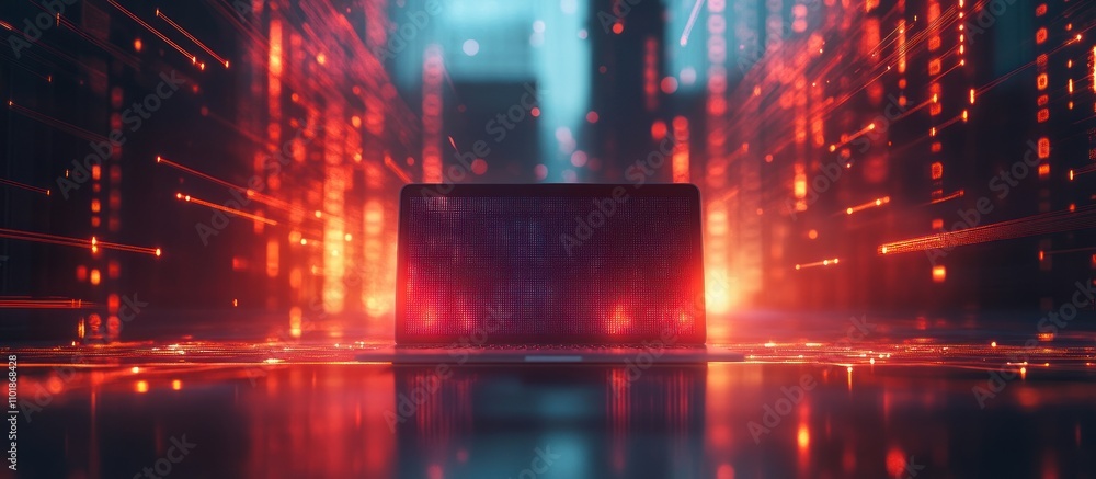 Poster laptop computer on a reflective surface with a glowing red and blue futuristic backdrop.