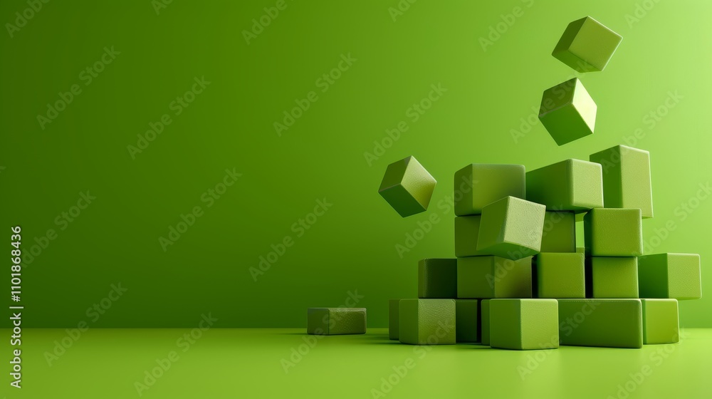 Poster a composition of vibrant green cubes, with some stacked and others floating in a minimalistic green 