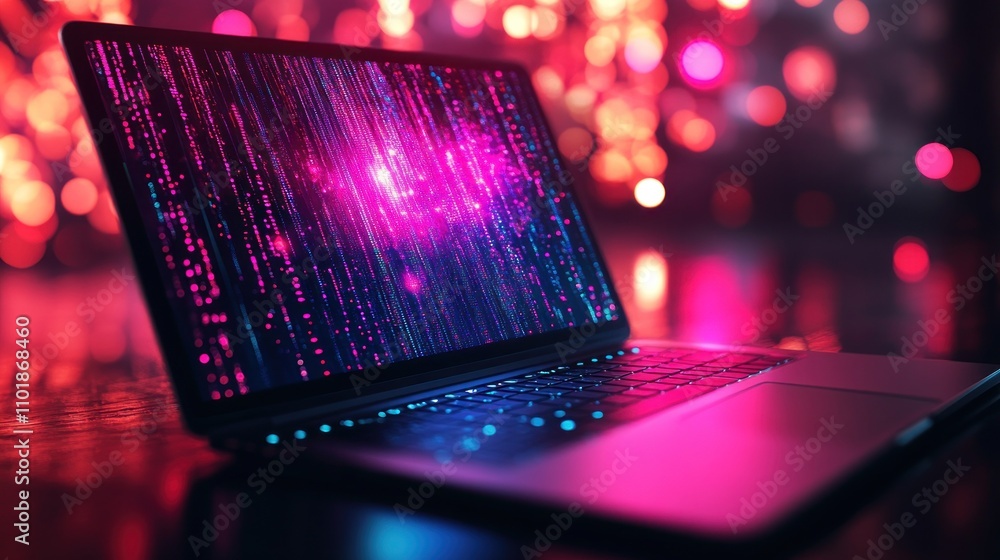 Poster a laptop computer with a colorful abstract design on the screen, surrounded by blurred out pink and 