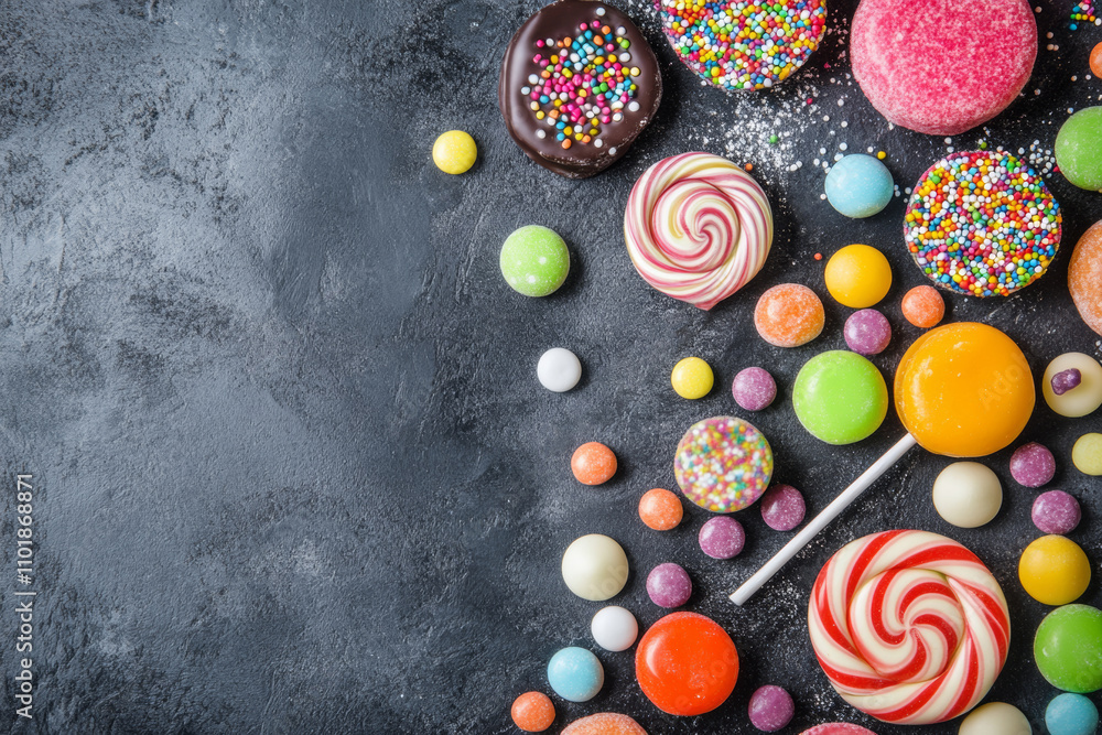 Poster an array of vibrant candies and lollipops is spread across a dark surface, showcasing various shapes