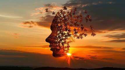 A conceptual art piece showing a silhouette of a human head made of puzzle pieces with fragments missing, set against a warm sunset. The artwork suggests themes of incomplete thoughts or self