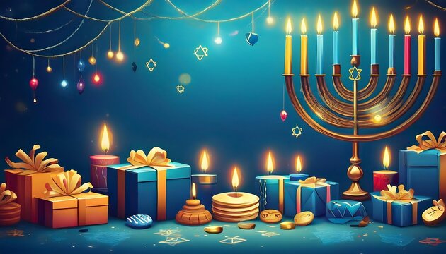  A vibrant Hanukkah scene featuring a menorah, gifts, dreidels, and traditional symbols on a_1(688)