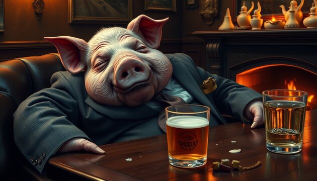 Conceptual image with a pig dressed in human clothes as a drunk and sleepy employee at a bar table