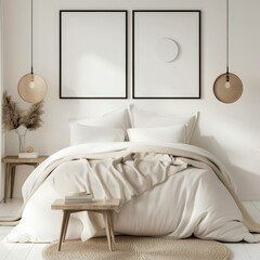 A minimalist bedroom interior with a bed. two nightstands. a bench. and two empty picture frames