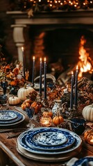 festive table setting for halloween, autumn decor, pumpkins and flowers, ceramics and gzhel painting