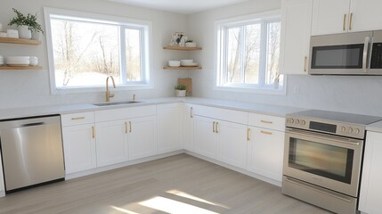 This kitchen showcases white cabinets, light wood floors, and a grey marble backsplash, filled with natural daylight from large windows