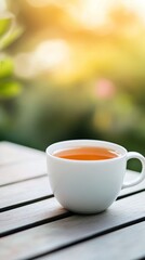 Warm cup of herbal tea on a wooden table with greenery in the background in the afternoon