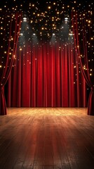 Red velvet curtains pulled back to reveal a wooden stage with spotlights and falling confetti.