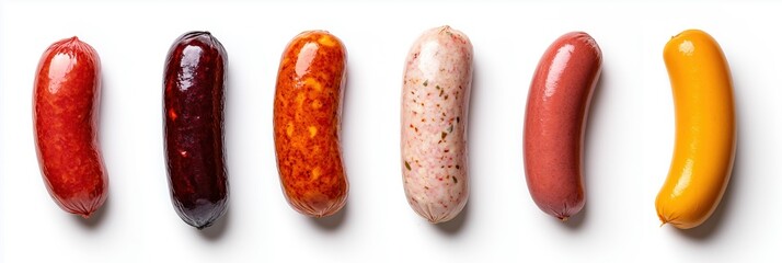 A row of hot dogs with different toppings. The hot dogs are arranged in a line, with the first one being a plain hot dog and the last one being a hot dog with a yellow topping